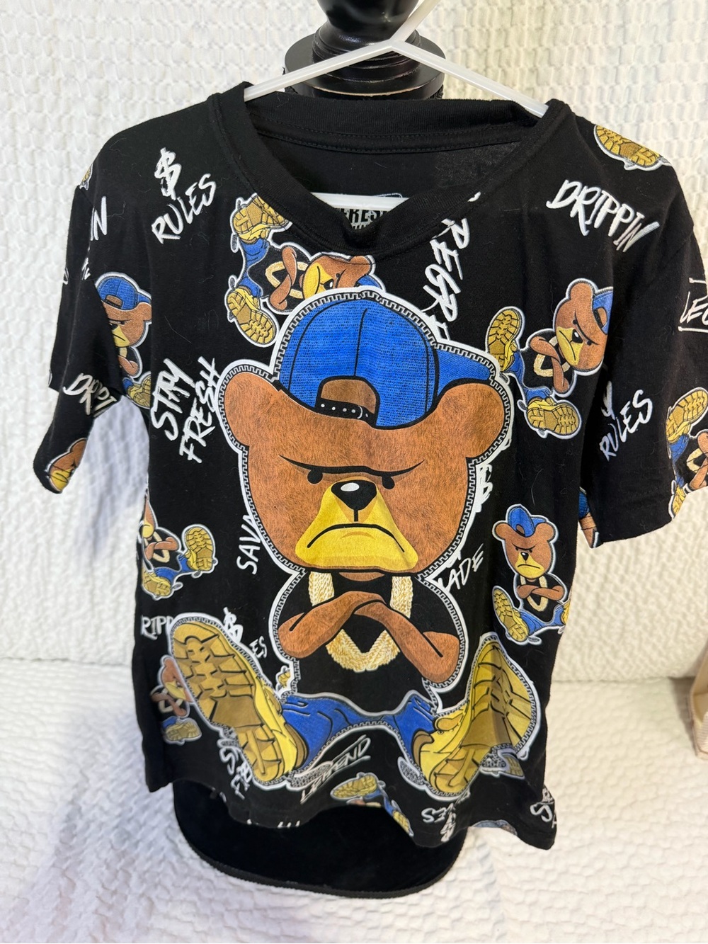 Kids Black Graphic Bear Tee with Blue Accent